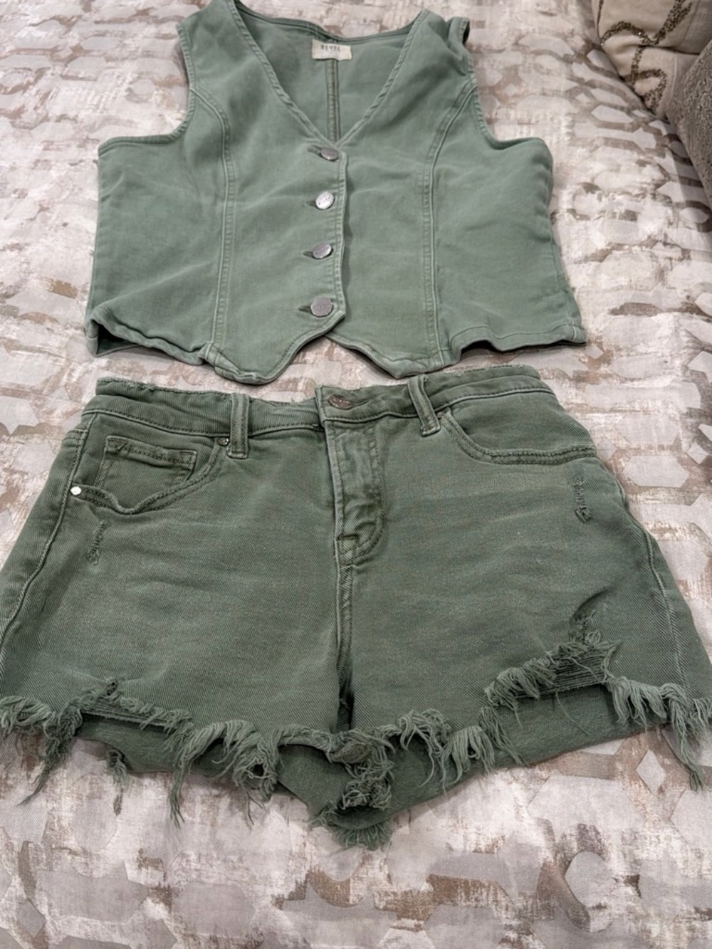 Washed Olive Green Distressed Denim Shorts by RARE